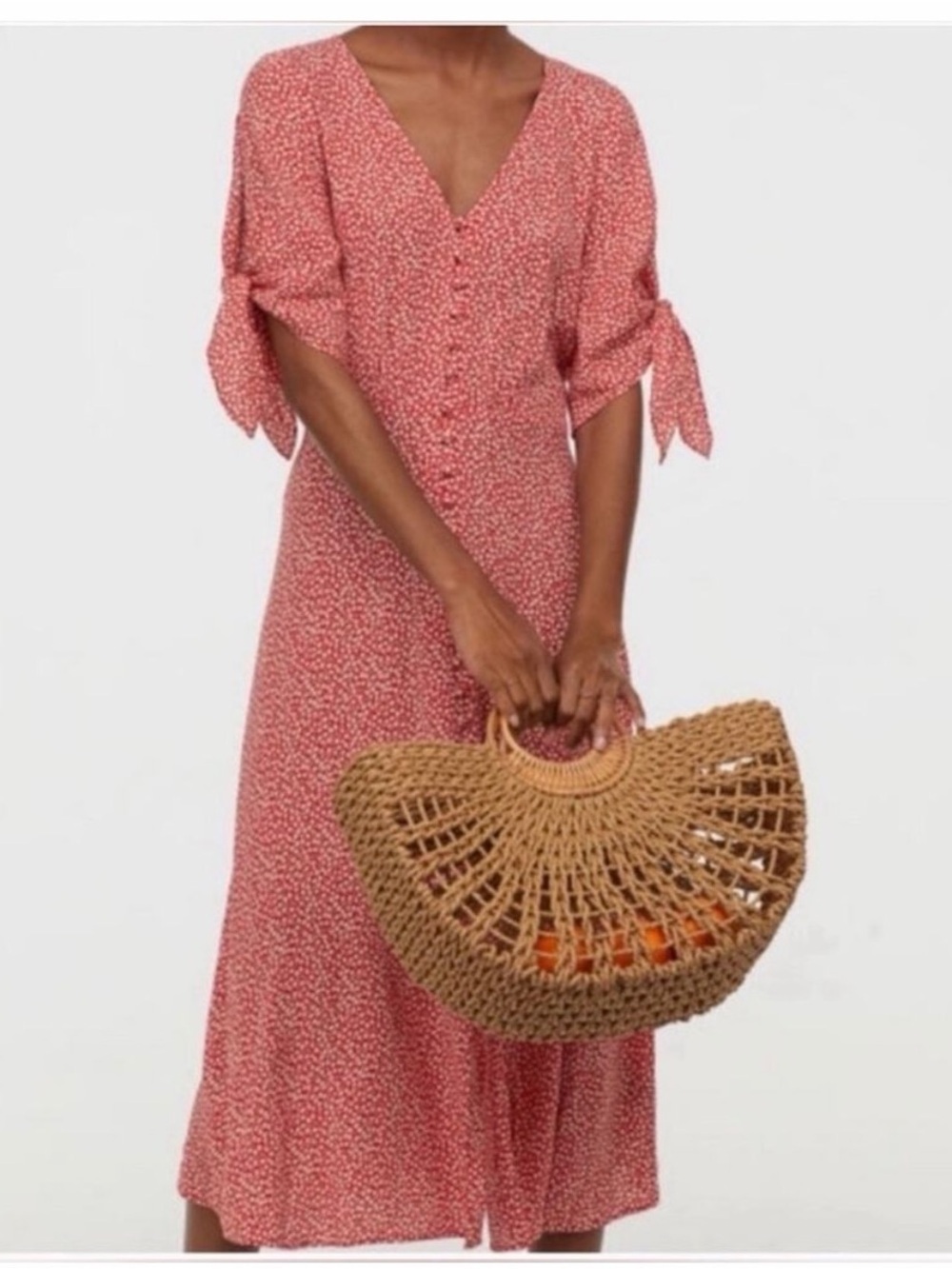 H&M Tie-Sleeve V-Neck Red Floral Button Down Crepe Midi Dress Size US 2